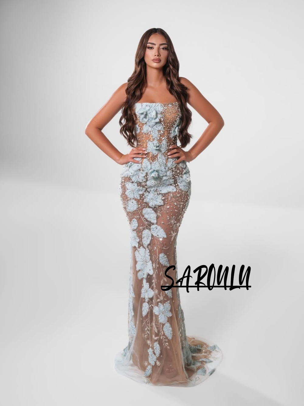 Women Formal Event Wear - Vestido de Noite Floral Azul Claro