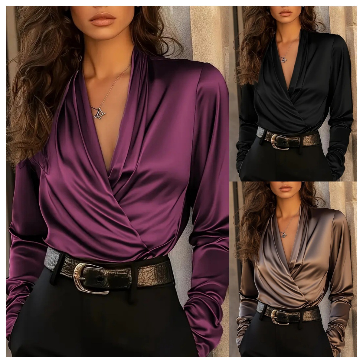 Blusa Feminina de Cetim com De - Women Formal Blouses For Evening Wear avaliação e preço